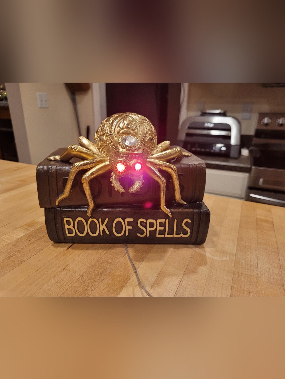 NEW Gold Decorative Spider Book Halloween Home Decor Accent with Red LED Eyes